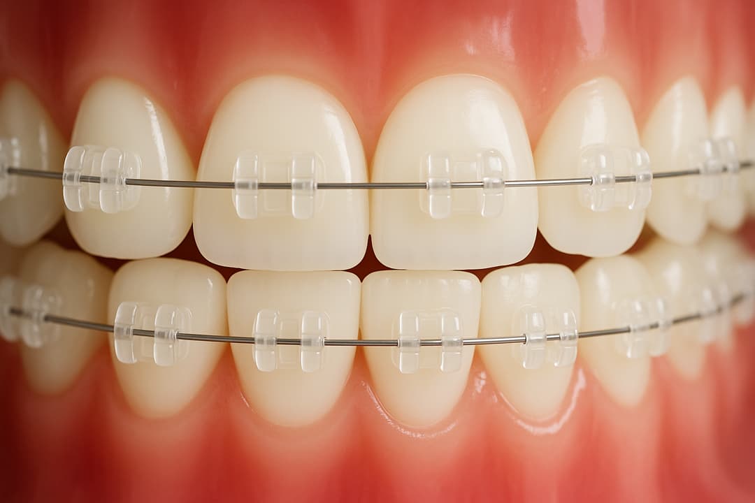 Berufstätiger Patient mit zahnfarbenen Brackets im Videocall, Behandlung der Kieferorthopädie Krumme Lanke in Berlin-Zehlendorf